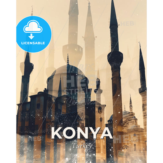 Konya Skyline Art: Local Icons on Beige - A multiple exposure of a city - Square format print template