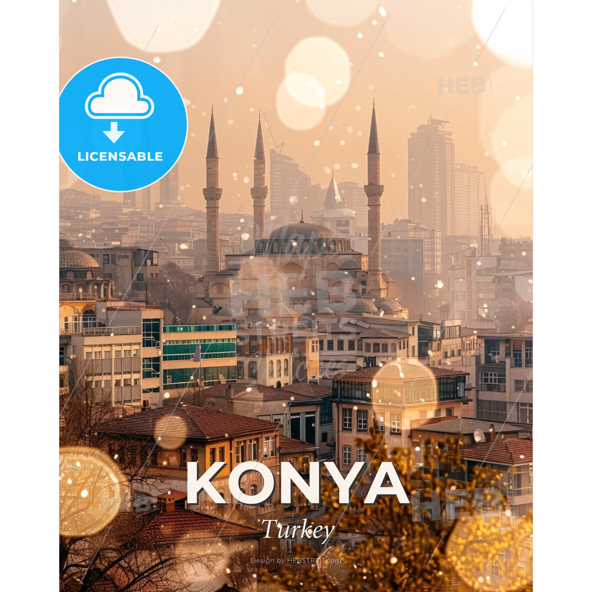 Konya City Skyline Art - Poster Print - Beige Paper - A city with many towers and buildings - Square format print template