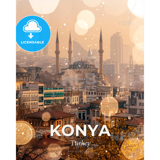 Konya City Skyline Art - Poster Print - Beige Paper - A city with many towers and buildings - Square format print template