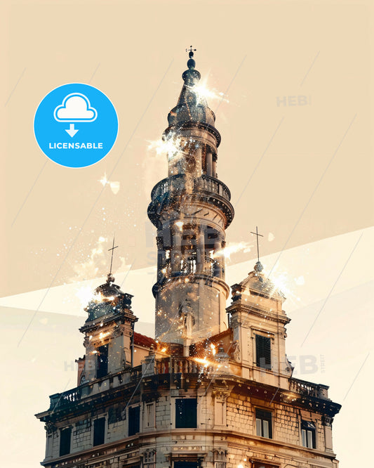 Korcula Skyline Double Exposure Art Poster - A building with a tower