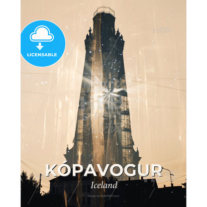 Kópavogur Double Exposure Skyline Poster Art - A tall building with a tower and a tower with a tower and a tower with a tower and a tower with a tower and a tower with a tower and a tower with a tower and a tower - Square format print template