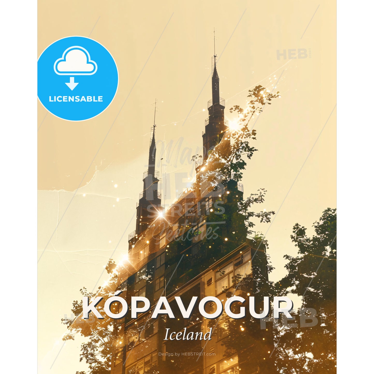 Kopavogur Iceland Skyline Art Deco Poster - A building with trees and a few spires - Square format print template