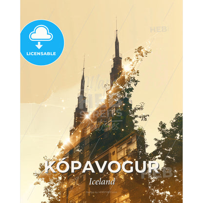 Kopavogur Iceland Skyline Art Deco Poster - A building with trees and a few spires - Square format print template