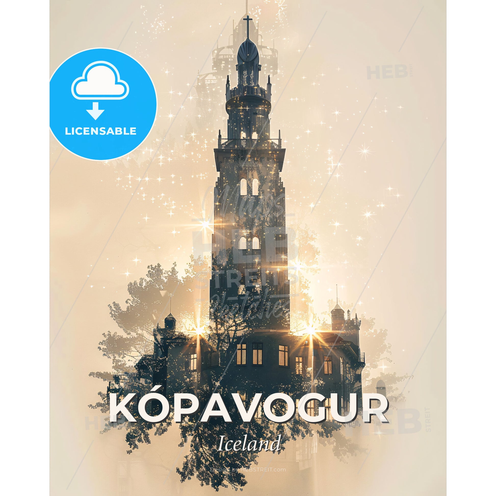 Kópavogur Iceland Double Exposure City Silhouette Art Poster - A building with a tower and trees - Square format print template
