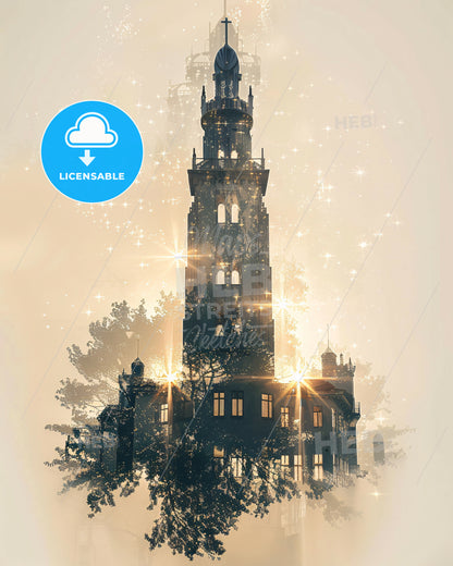 Kópavogur Iceland Double Exposure City Silhouette Art Poster - A building with a tower and trees