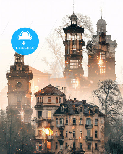 Kragujevac City Icons Double Exposure Poster - A group of buildings with a tower and a fire