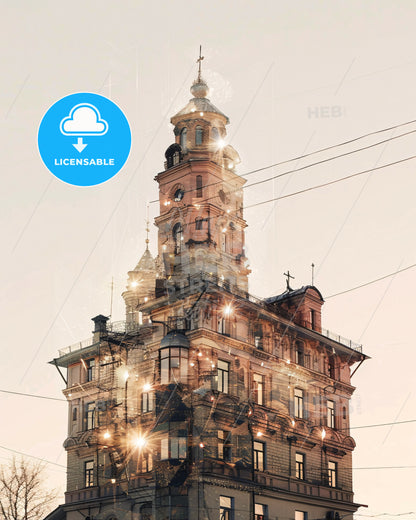 Krasnoyarsk City Skyline Night Lights Composite Art - A building with a tower