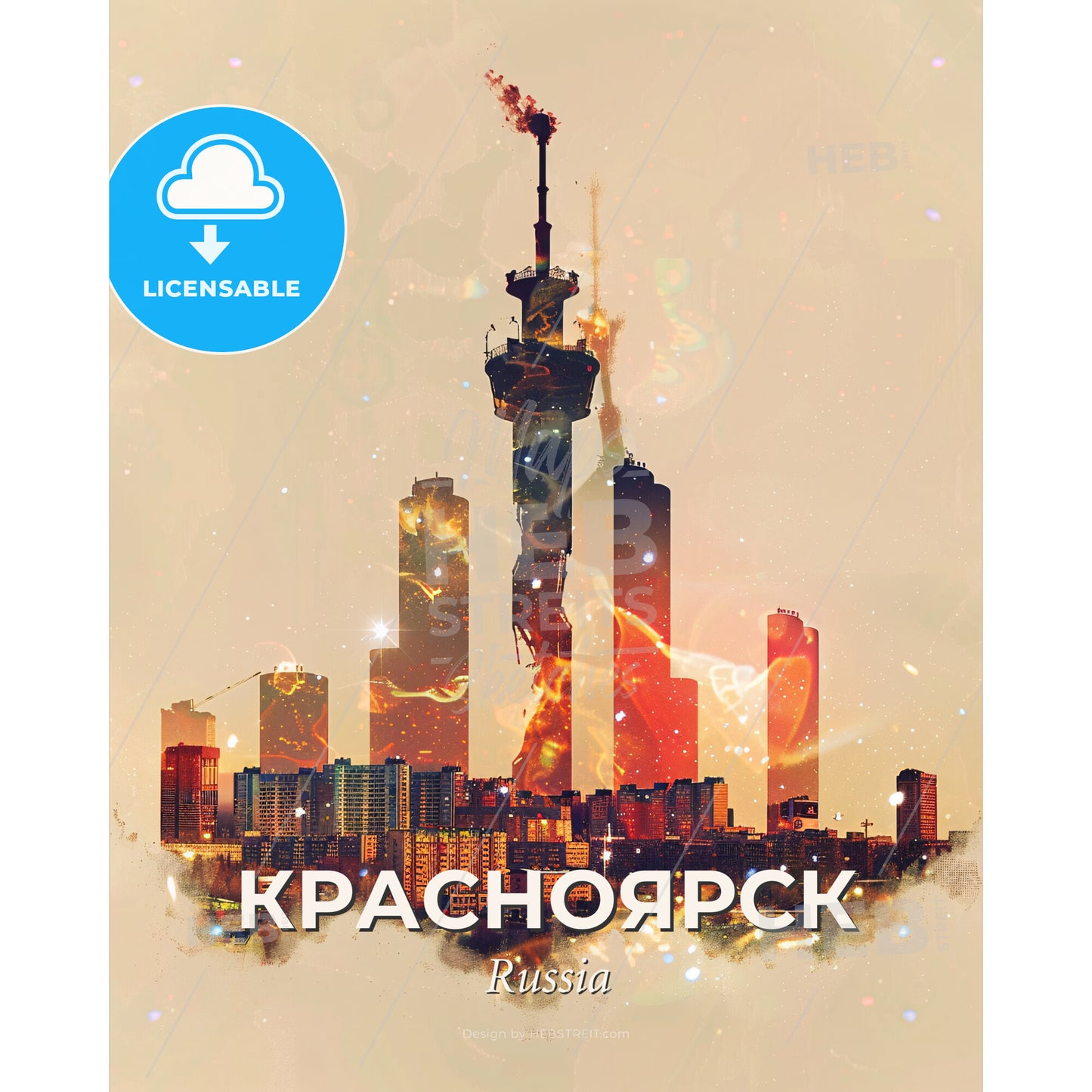 Krasnoyarsk City Icons Double Exposure Poster - A city with a tower in the background - Square format print template