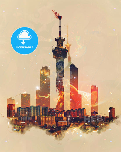 Krasnoyarsk City Icons Double Exposure Poster - A city with a tower in the background