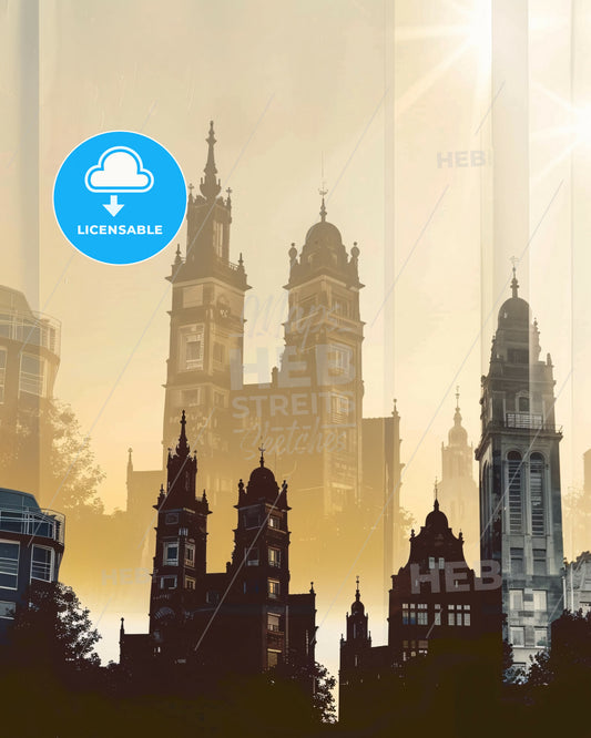 Krefeld Skyline Composite Poster Bright Beige Backlights - A city with tall buildings and a foggy sky