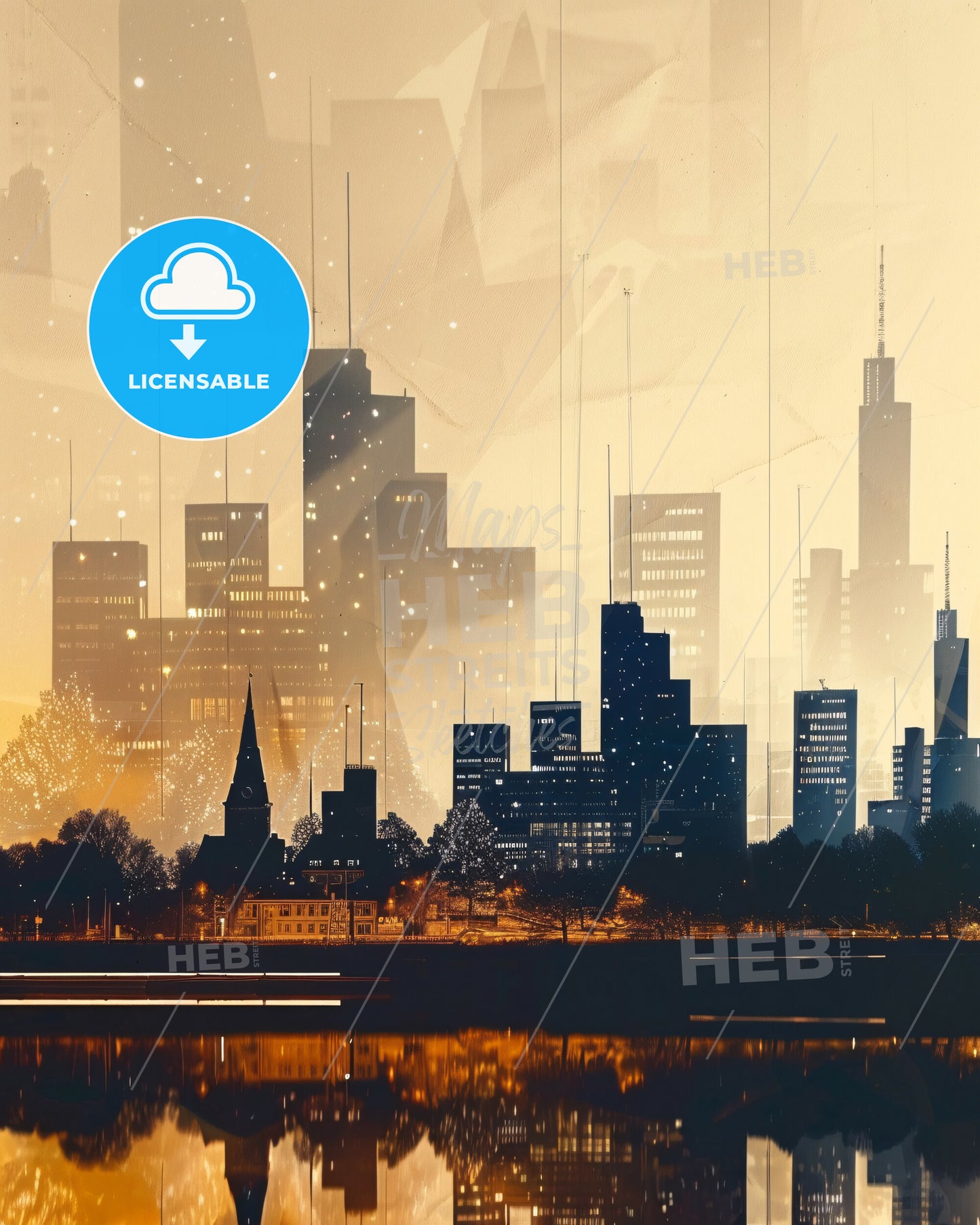 Krefeld City Skyline Poster Art - A city skyline with a body of water