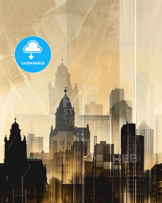 Krefeld Skyline Double Exposure Poster Art - A city skyline with towers and spires