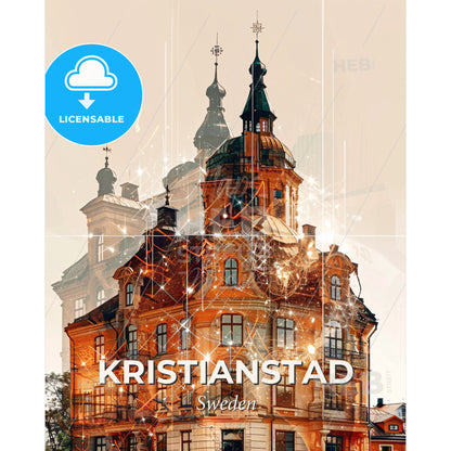 Kristianstad Skyline City Local Colors Art - A building with a tower and towers - Square format print template