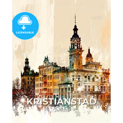 Kristianstad City Icons and Skyline Art Poster - A building with a clock tower - Square format print template
