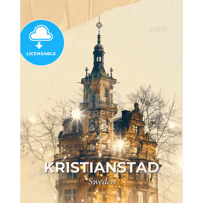 Kristianstad Cityscape Composite Artwork Poster - A building with a cross on top - Square format print template