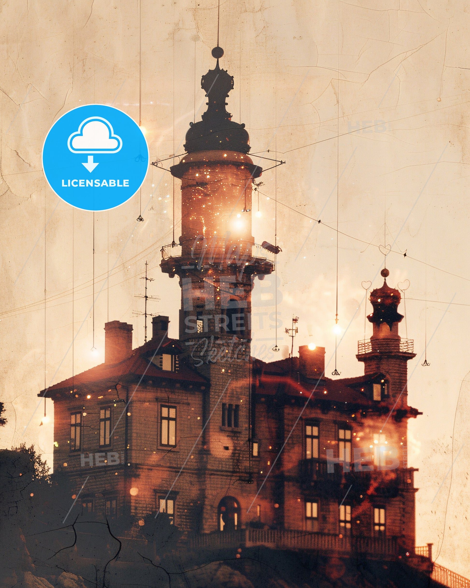 Krk Croatia Skyline Double Exposure Art Composite - A building with a tower and lights