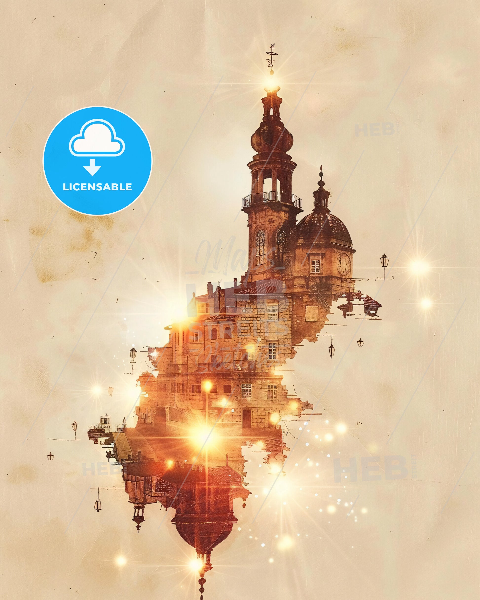 Krk Skyline Sunset Double Exposure Poster Art - A building with a tower and lights