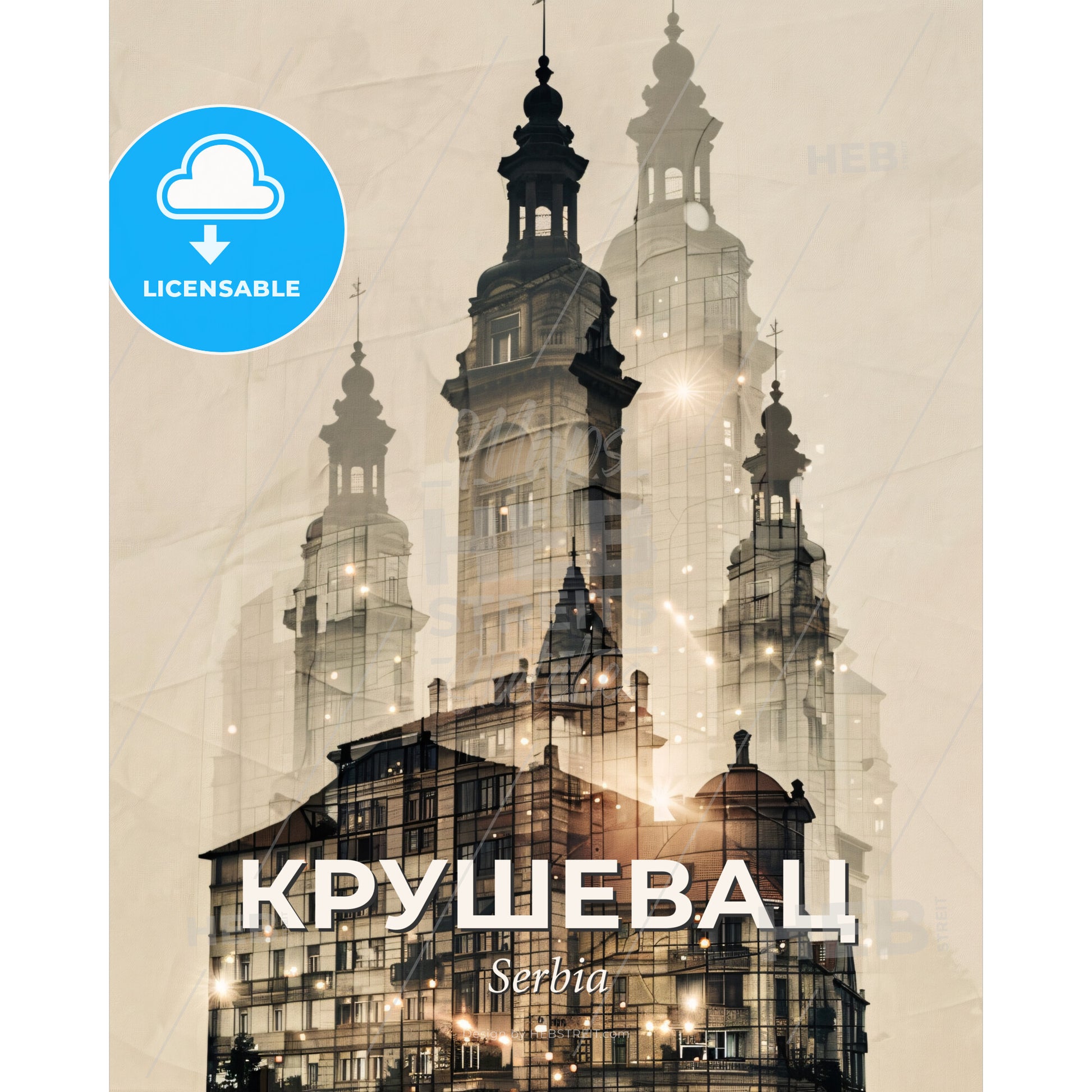 Krusevac Serbia Cityscape Poster Art Skyline Landmarks Beige - A double exposure of a building - Square format print template