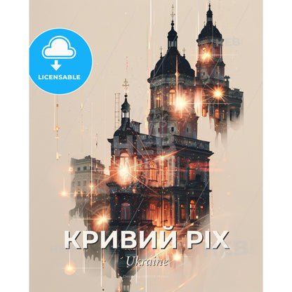 Kryvyi Rih Skyline Double Exposure CityScape Art Print - A building with many windows and a couple of towers - Square format print template