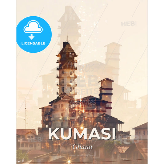 Kumasi: Double Exposure City Skyline Composite Art - A city with many buildings - Square format print template