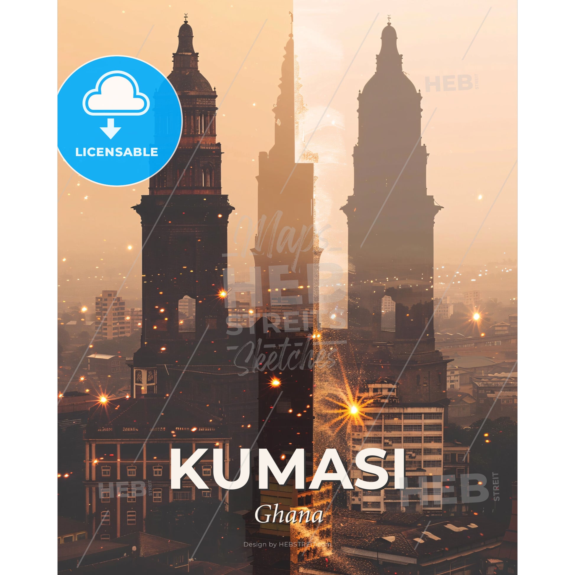 Kumasi Skyline Beige Sparkle Poster Art - A city with tall buildings and fireworks - Square format print template