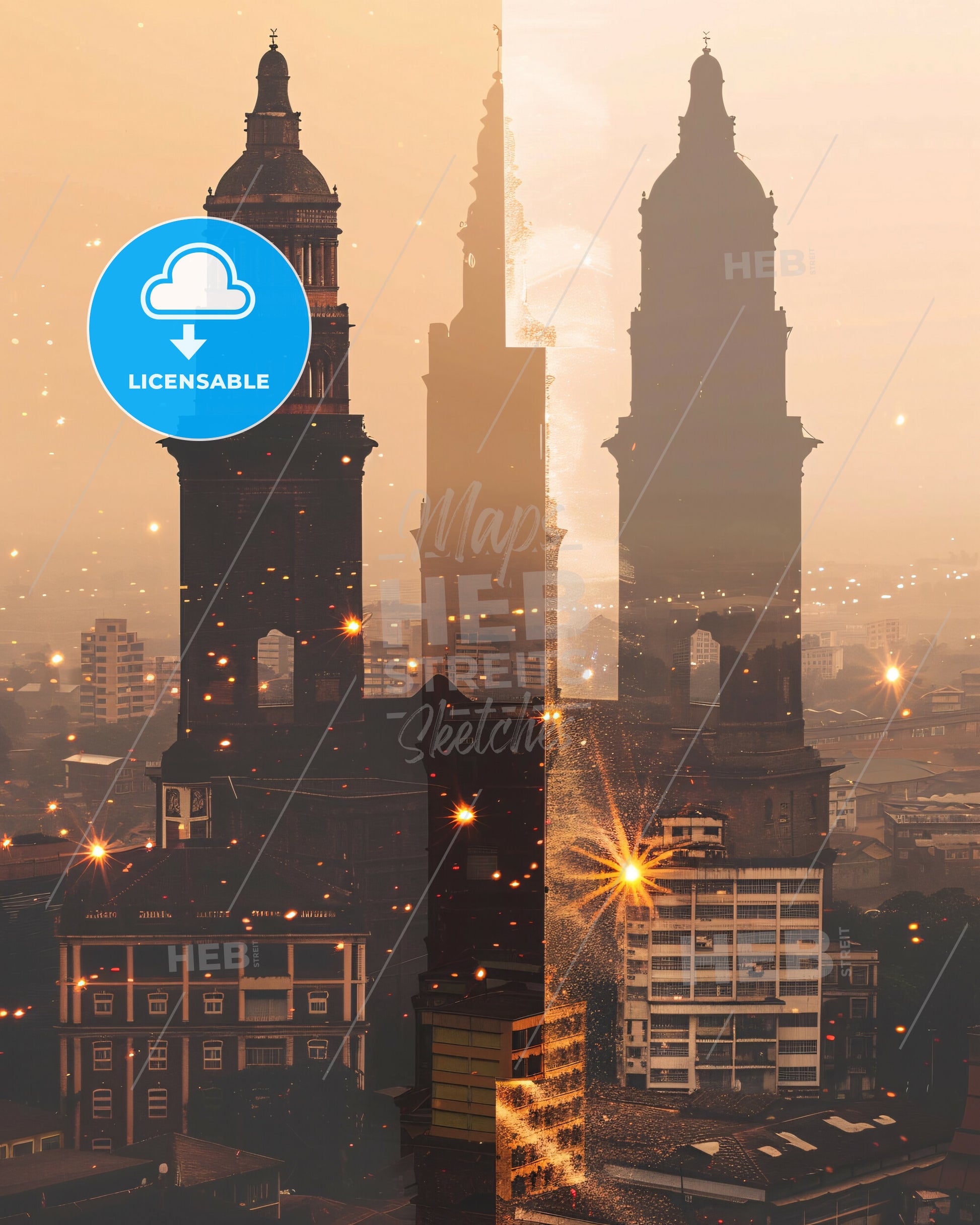 Kumasi Skyline Beige Sparkle Poster Art - A city with tall buildings and fireworks