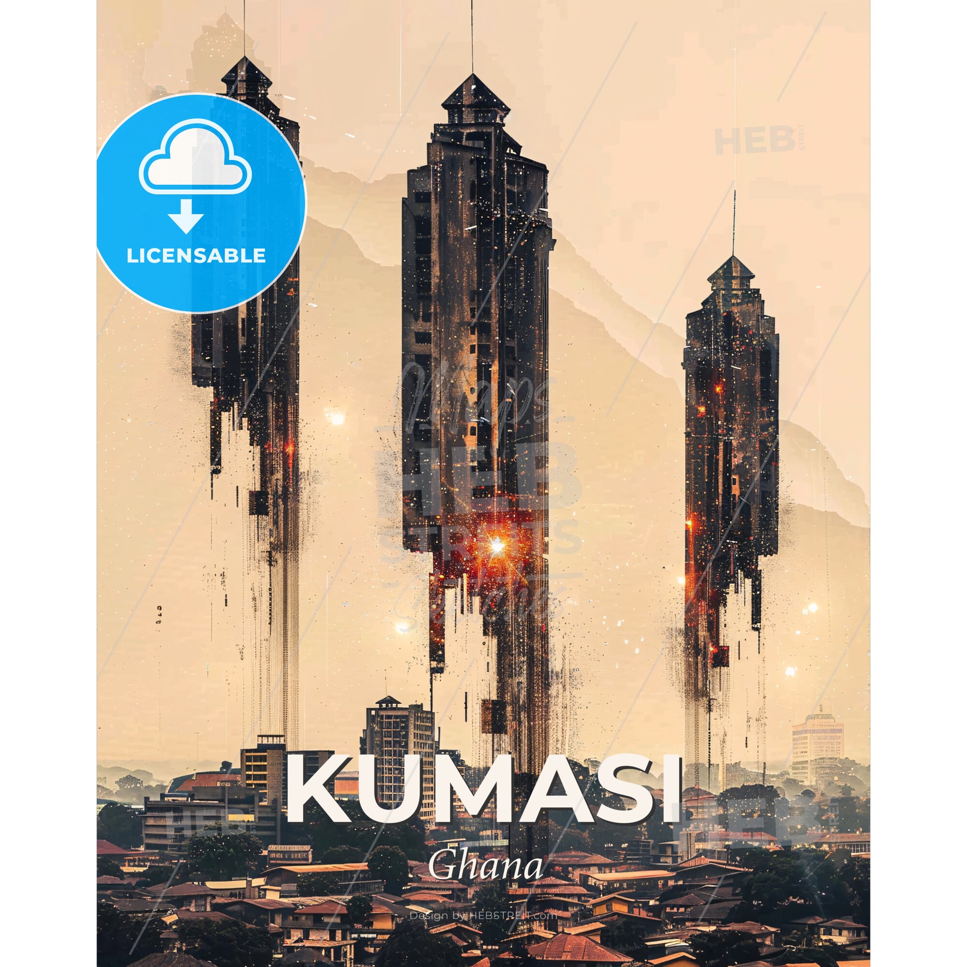 Kumasi Skyline Architectural Double Exposure - A group of tall buildings in the sky - Square format print template