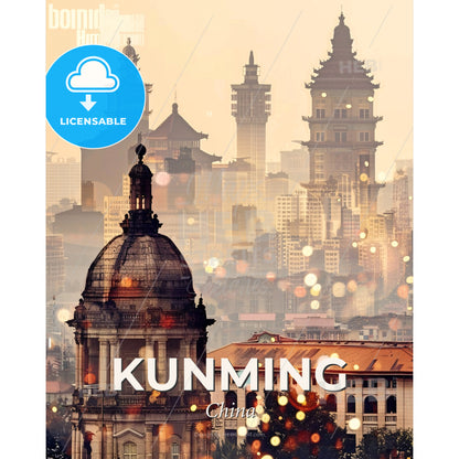 Kunming Skyline Double Exposure Art Poster - A city with a dome and buildings - Square format print template