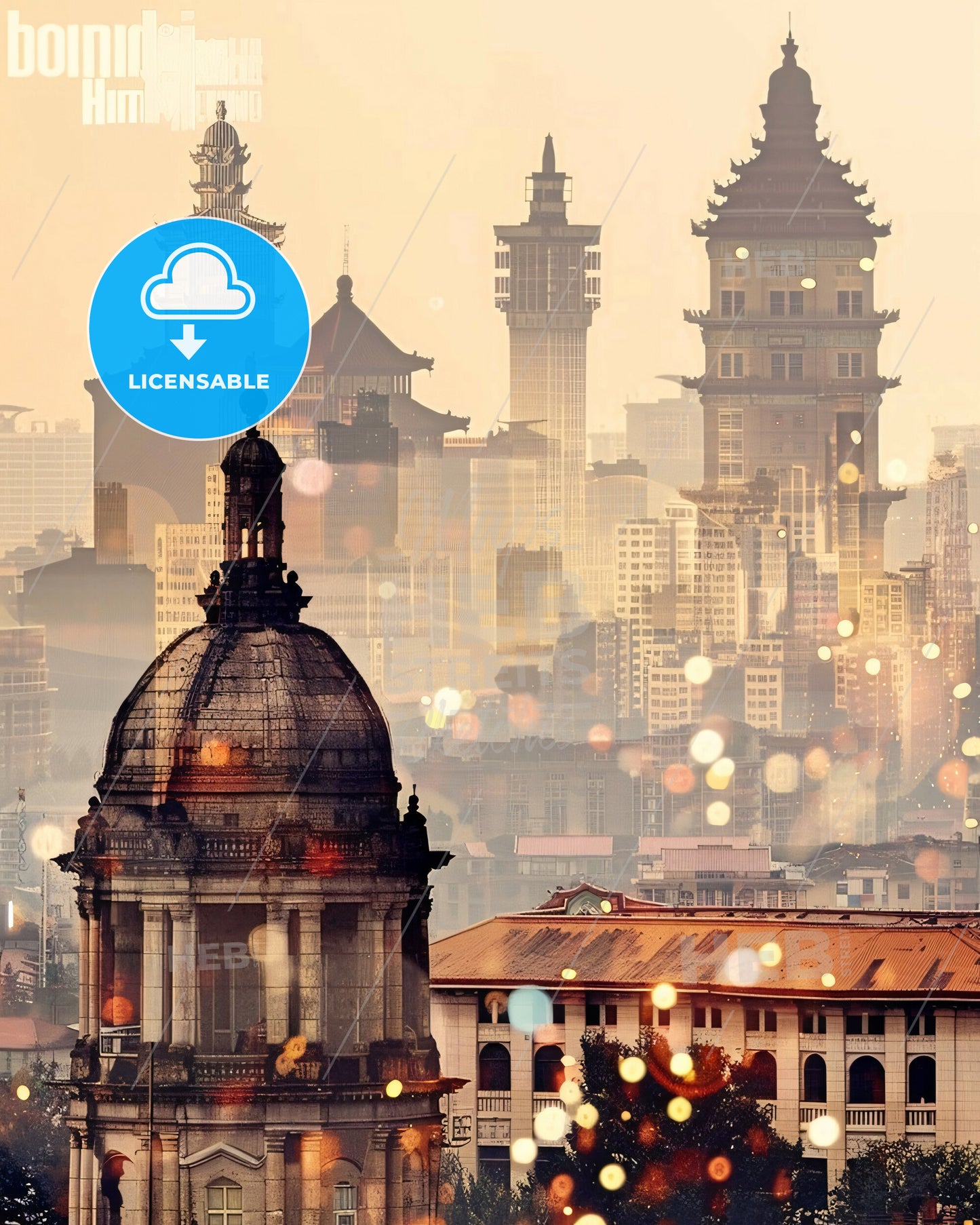 Kunming Skyline Double Exposure Art Poster - A city with a dome and buildings