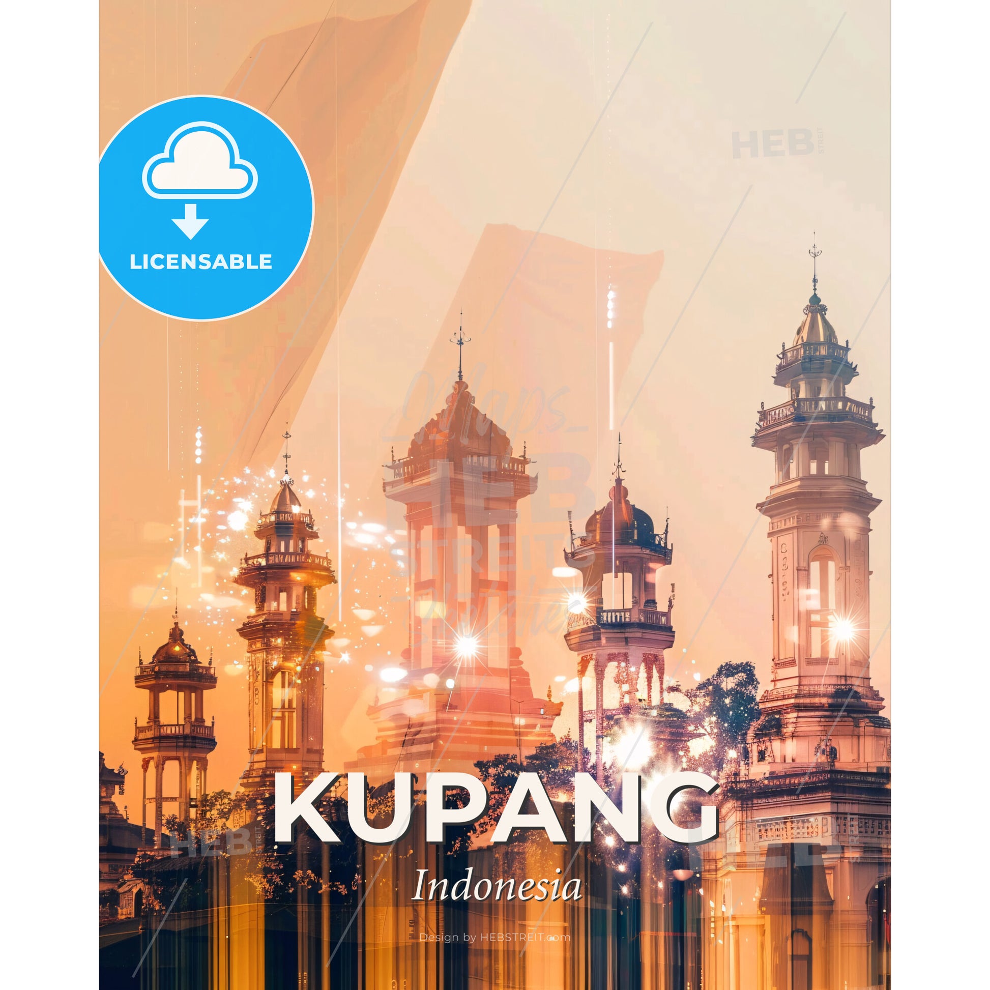 Kupang Skyline Art Print: Iconic Beauty in Vibrant Colors - A group of tall towers with lights - Square format print template