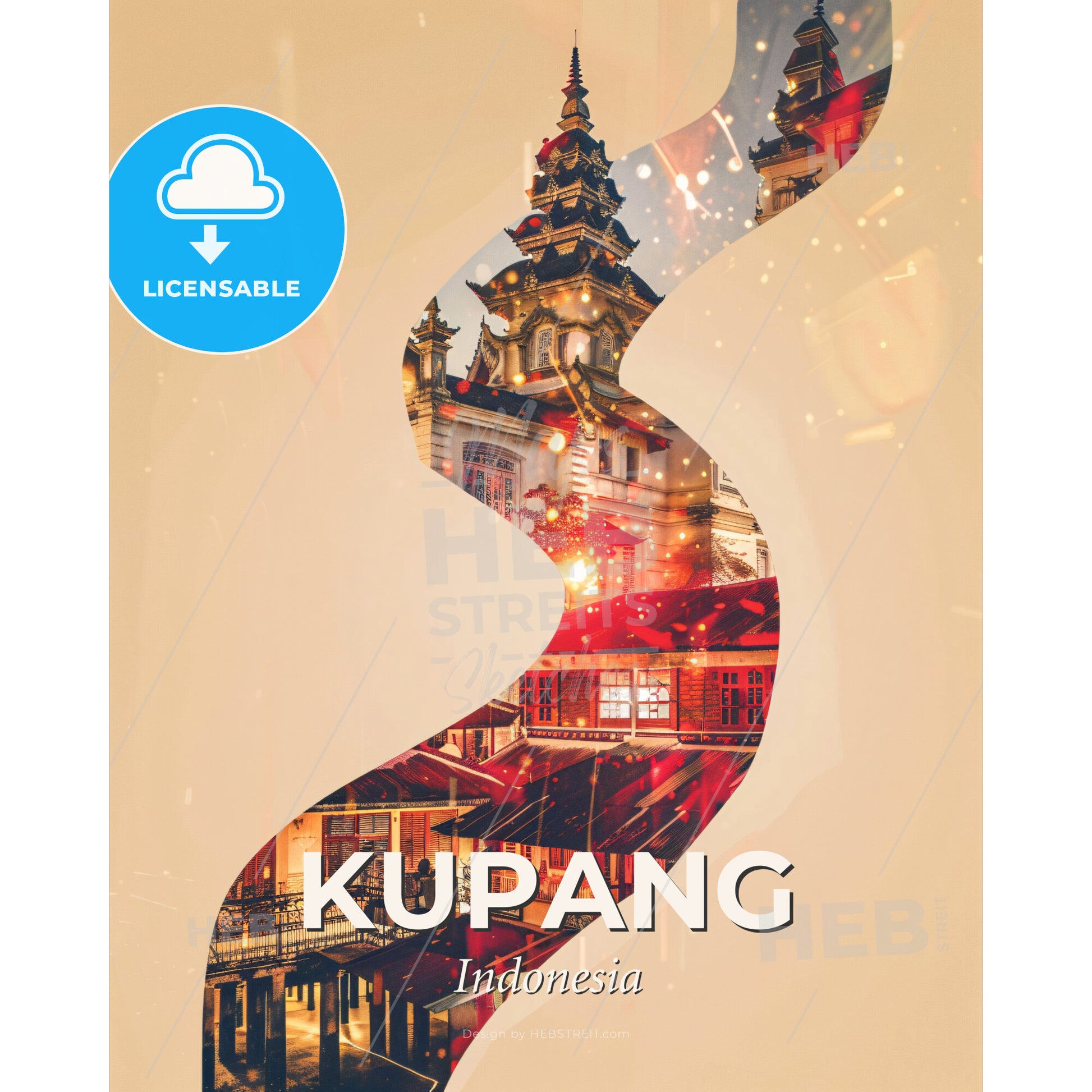 Kupang Skyline Poster Art: Bright Local Charm - A spiral shaped object with buildings and a tower - Square format print template