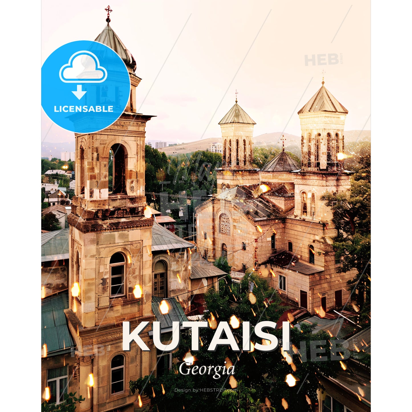 Kutaisi City Skyline Contemporary Art Poster - A building with towers and trees - Square format print template