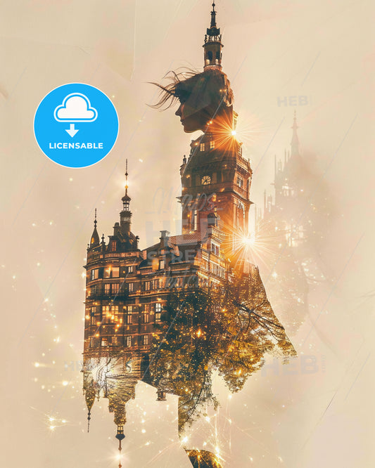 Kvaløya Skyline Double Exposure Art Poster - A double exposure of a woman's head on a building