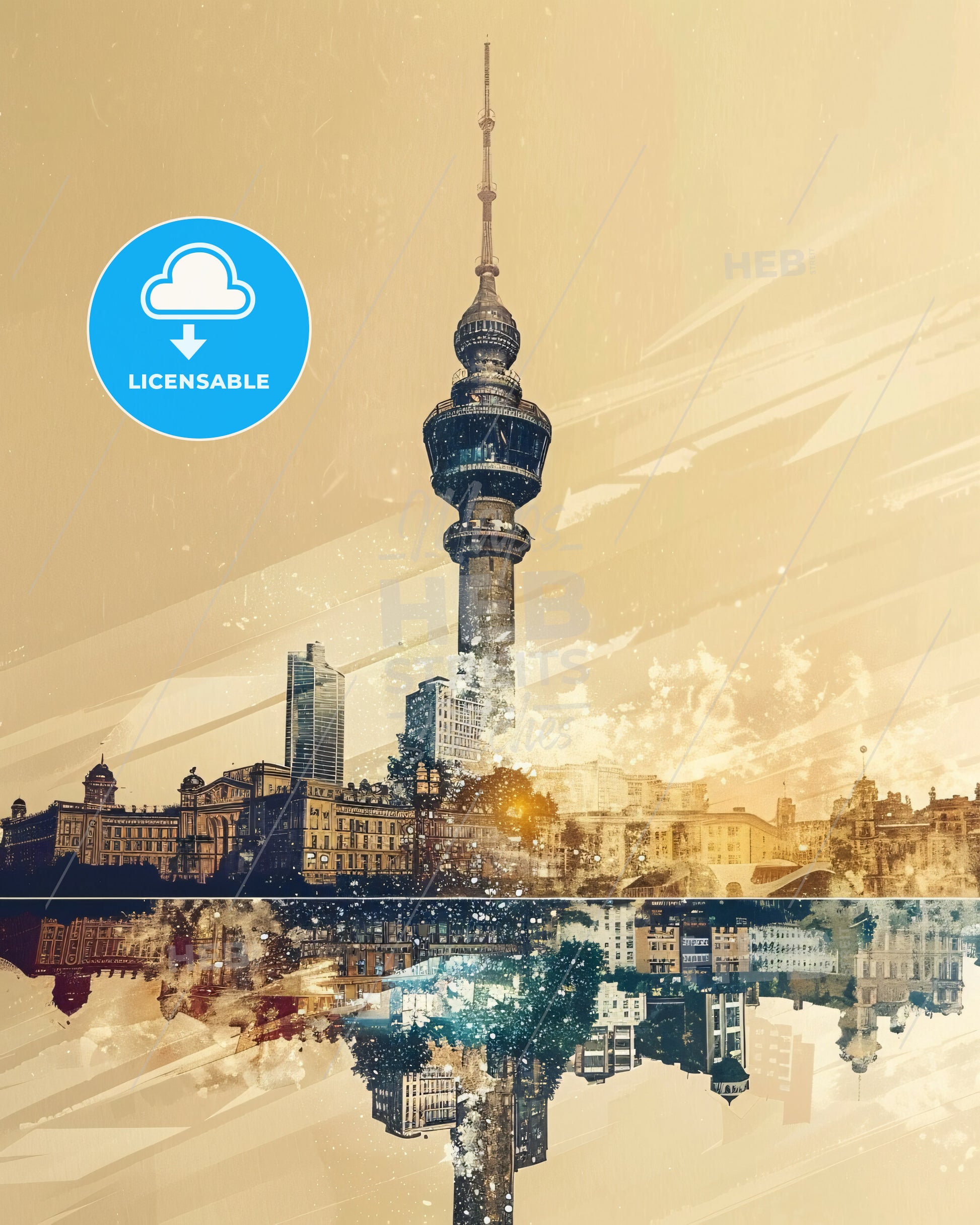 Kyiv Skyline Double Exposure Cityscape Poster - A city skyline with a tall tower