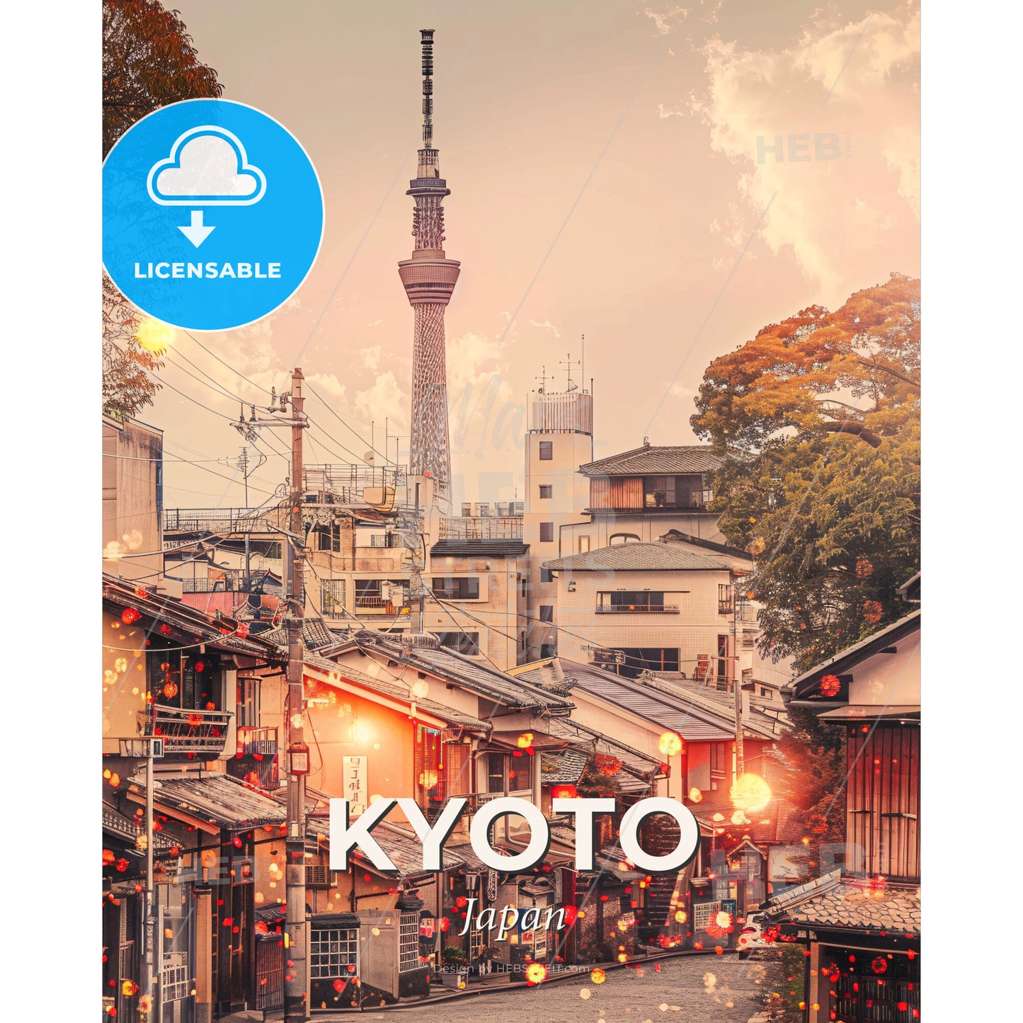 Kyoto Skyline Minimalist Japanese Poster - A street with buildings and a tower in the background - Square format print template