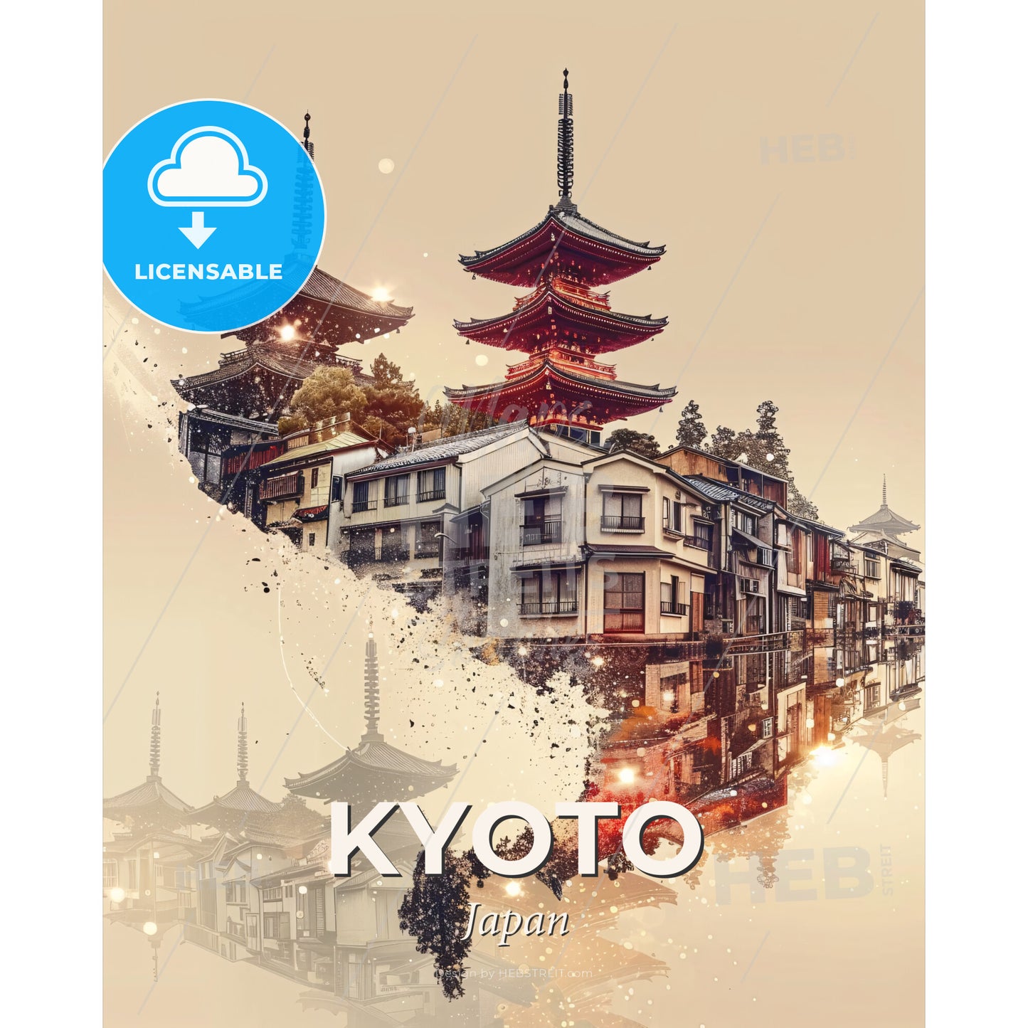 Kyoto Skyline Art Poster - Enchanting Japanese Beauty - A city with buildings and a tower - Square format print template
