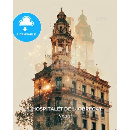 L Hospitalet de Llobregat Skyline Composite Art Poster - A building with a tower and a tree - Square format print template