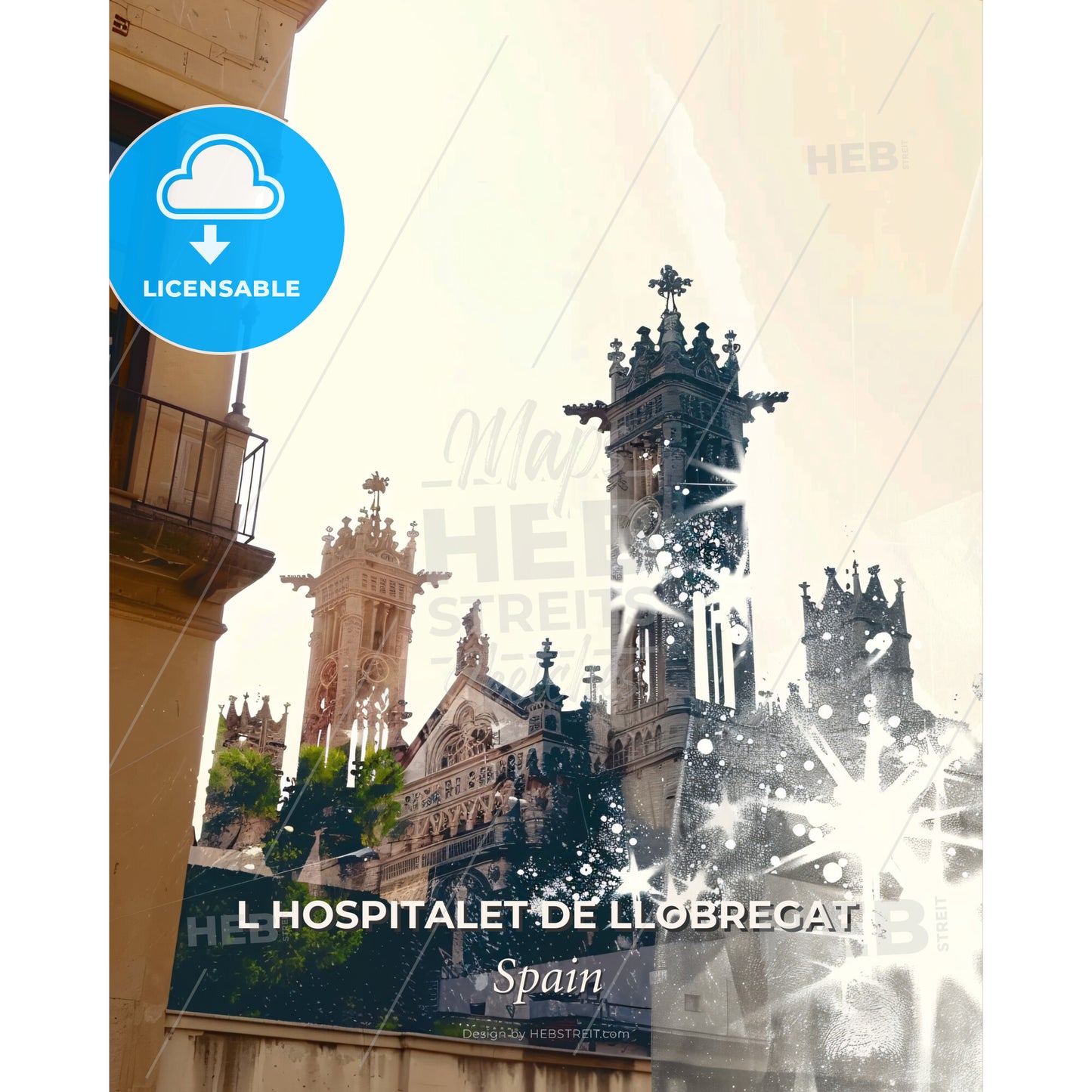 L Hospitalet de Llobregat Skyline Double Exposure Poster - A building with towers and stars - Square format print template