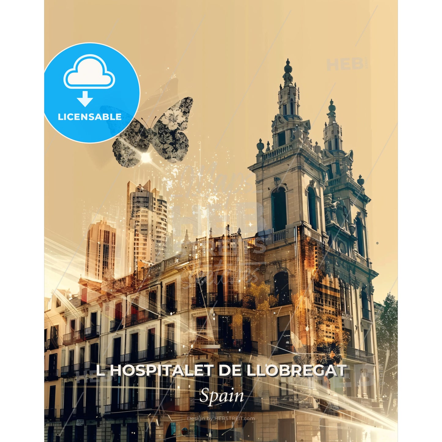 L Hospitalet De Llobregat City Skyline Art Poster - A building with a butterfly flying over it - Square format print template