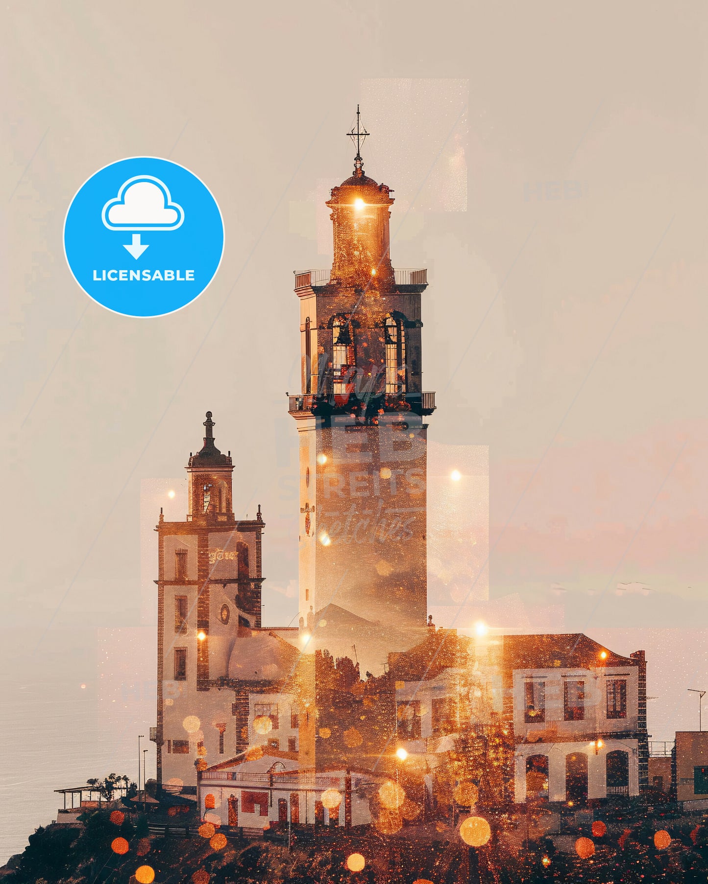 La Gomera Double Exposure Skyline Poster - A building with a tower