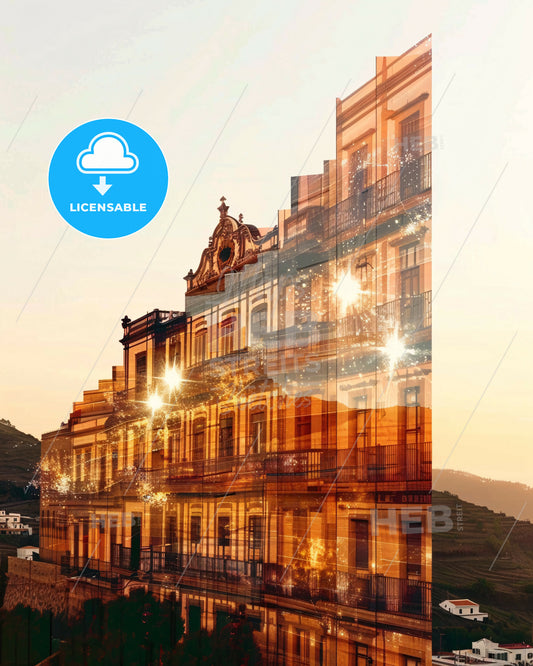 La Gomera Skyline Art Poster, Beige, Backlights, Sparkles - A double exposure of a building