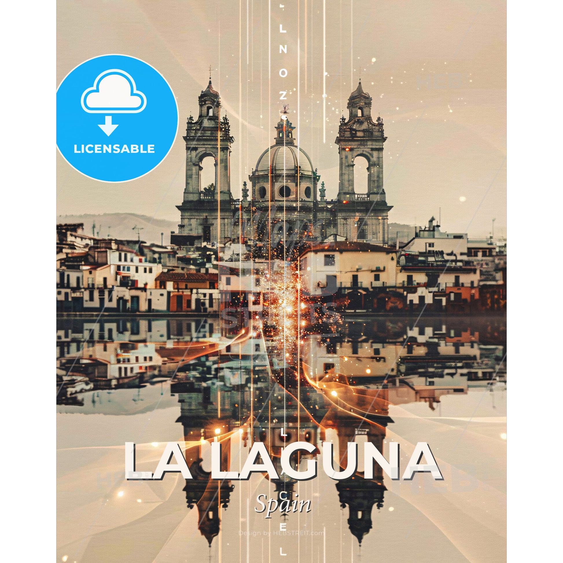 La Laguna Skyline Double Exposure Poster Art - A building with a dome and a body of water - Square format print template