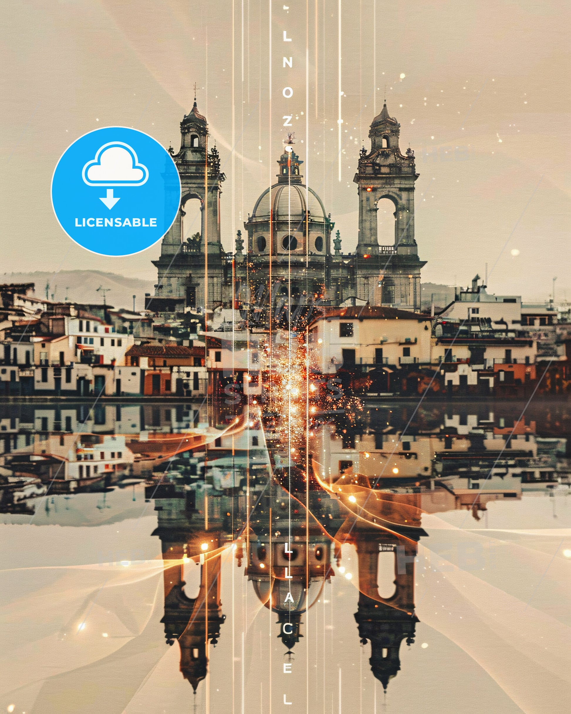 La Laguna Skyline Double Exposure Poster Art - A building with a dome and a body of water