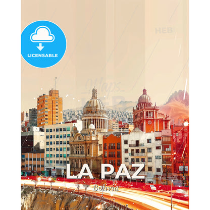 La Paz Panorama Cityscape Artwork on Beige Paper - A city with a large building and a street - Square format print template