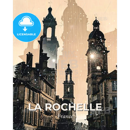 La Rochelle: City Lights Silhouette - A city with a clock tower - Square format print template