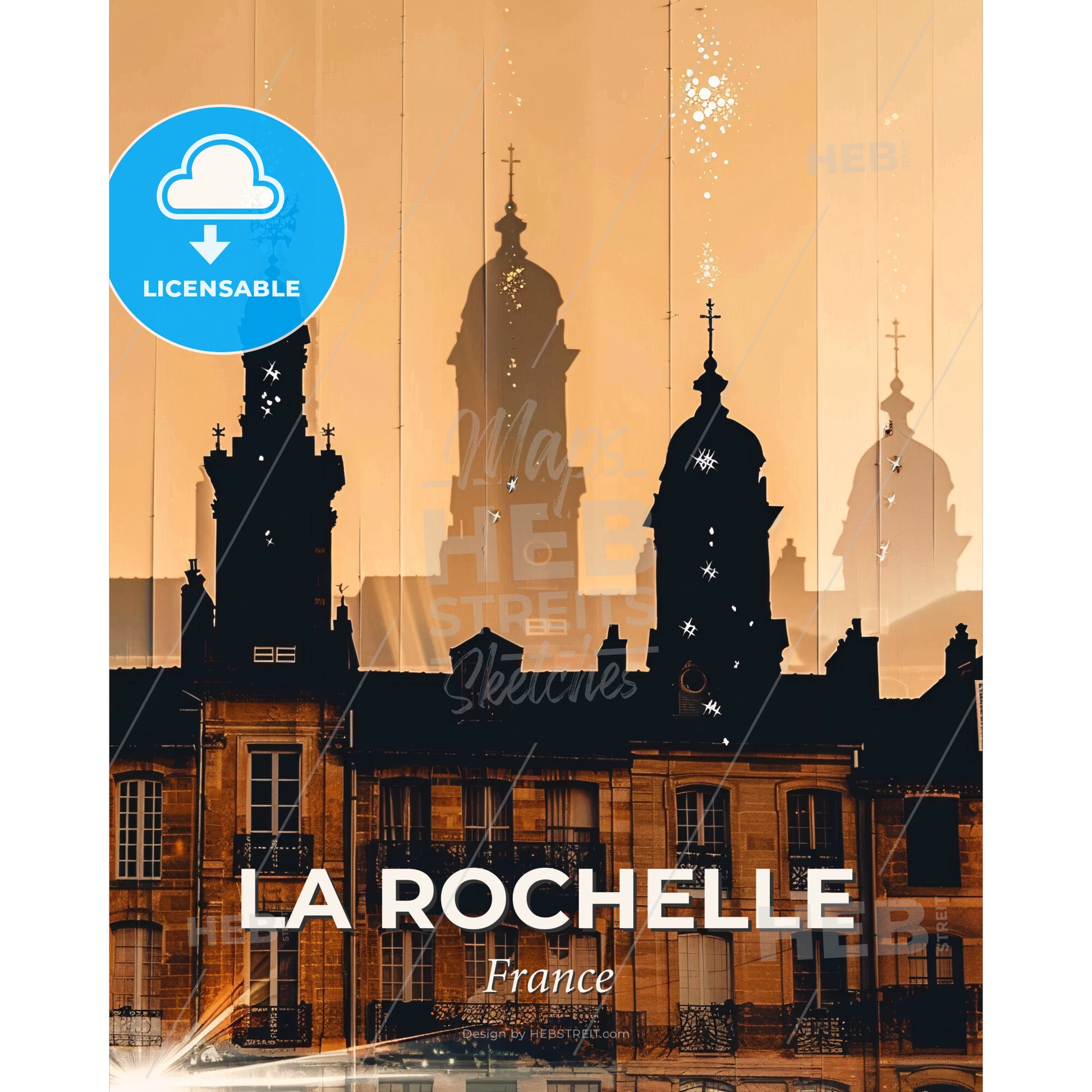La Rochelle Skyline Double Exposure Silhouette Poster - A building with towers and windows - Square format print template