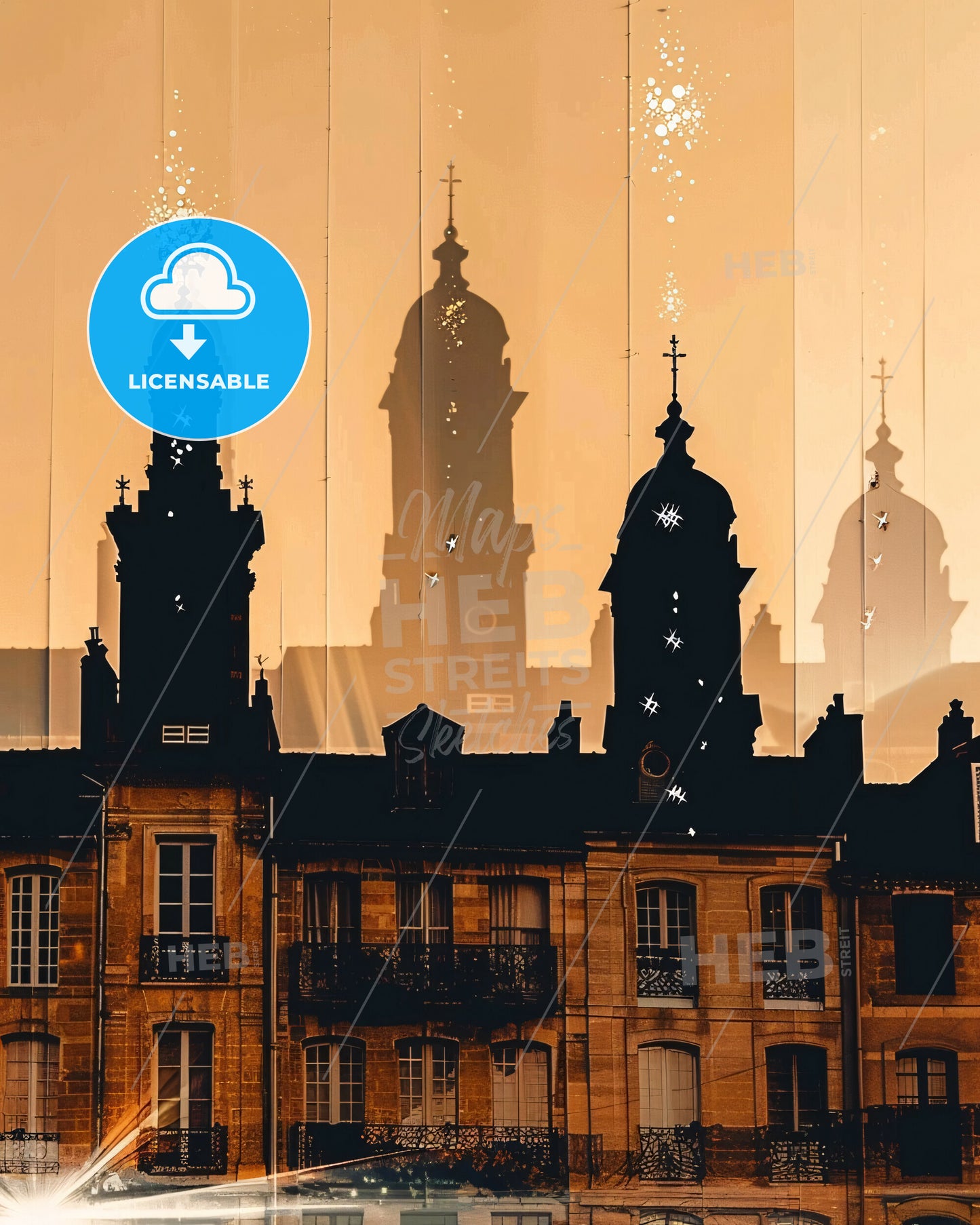 La Rochelle Skyline Double Exposure Silhouette Poster - A building with towers and windows