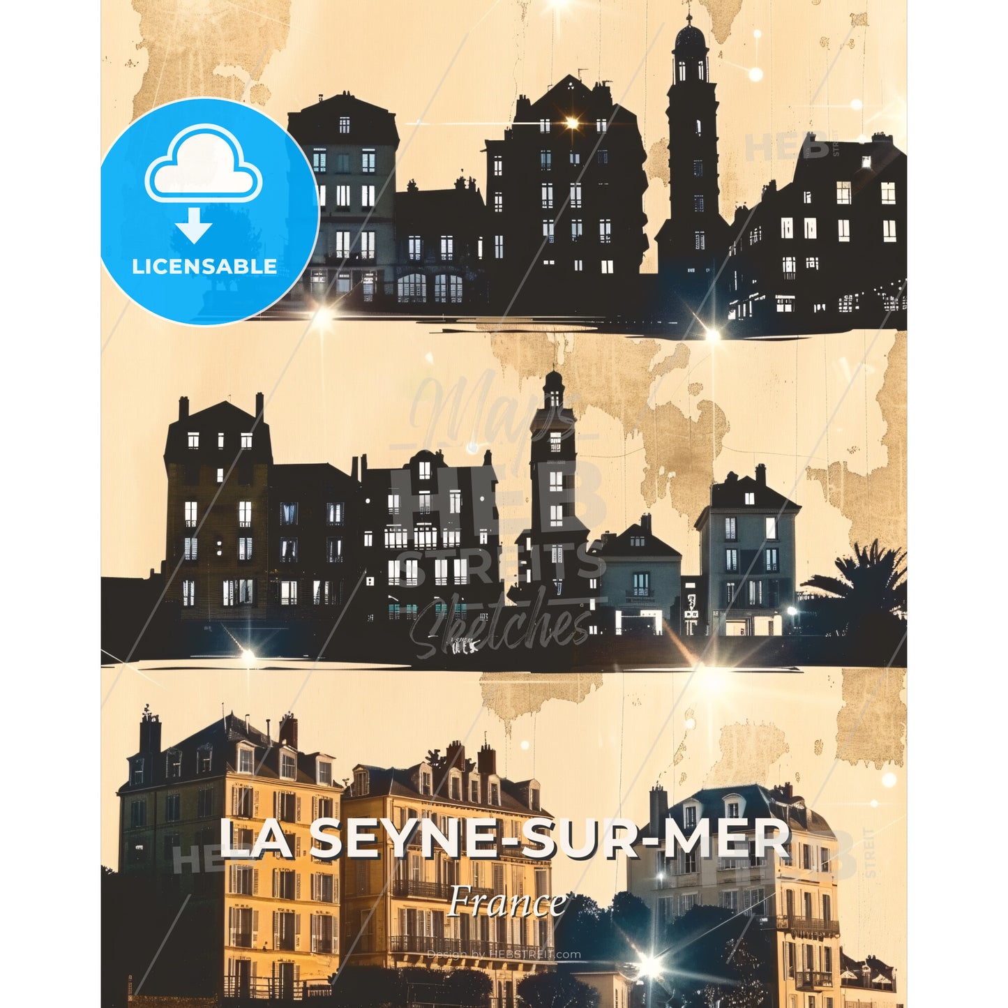 La Seyne Skyline Artistic Silhouette Poster - A group of buildings with lights - Square format print template