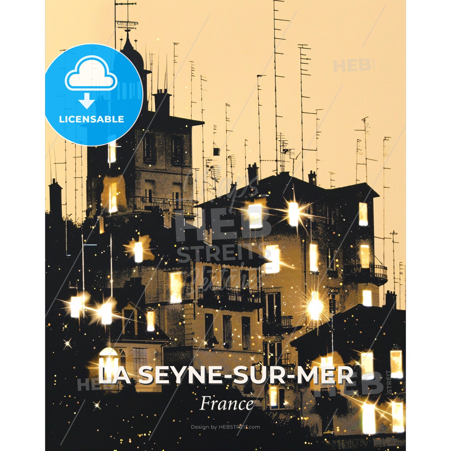 La Seyne-sur-Mer Skyline Silhouette Poster Art - A group of buildings with lights on them - Square format print template