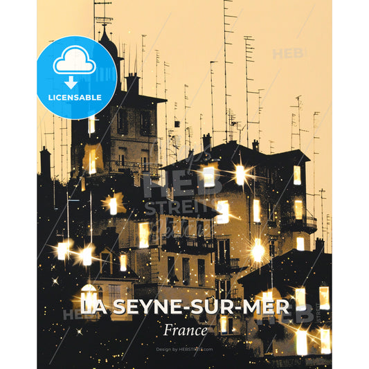 La Seyne-sur-Mer Skyline Silhouette Poster Art - A group of buildings with lights on them - Square format print template